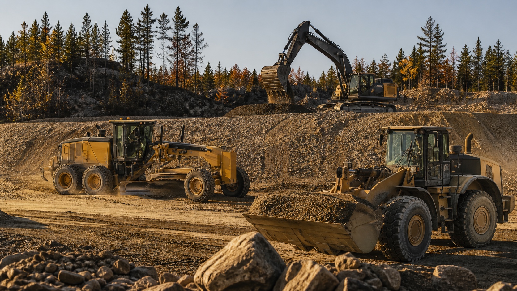 Niveleuse, chargeuse et excavatrice formant une flotte mixte sur un chantier