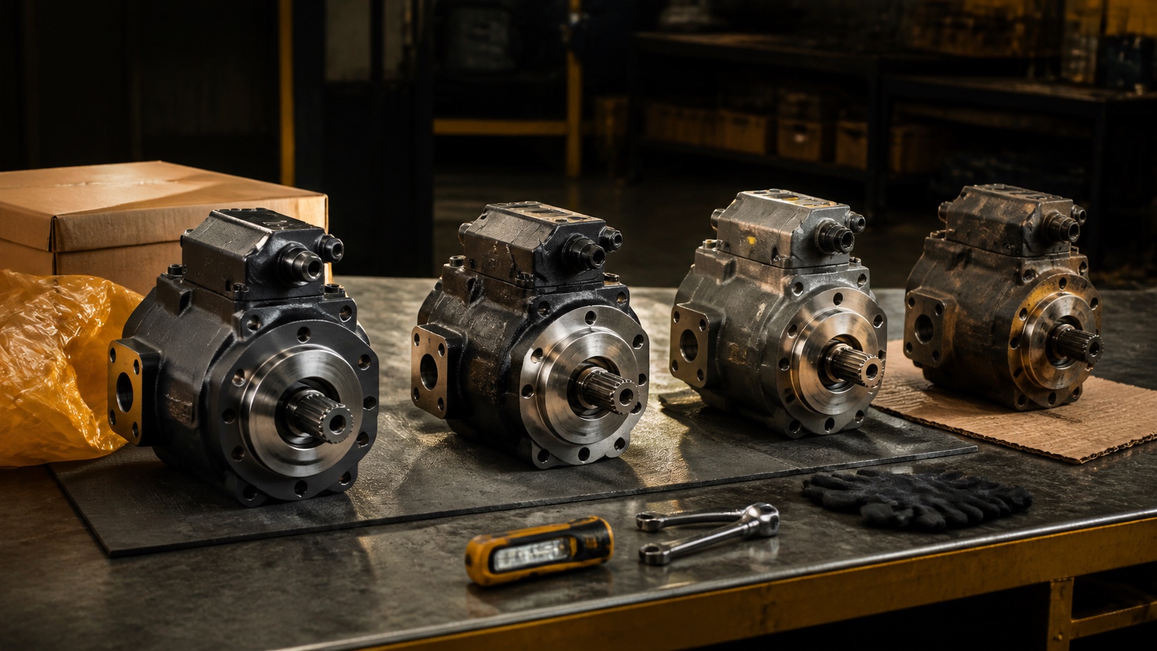 Quatre options de composants hydrauliques neufs, rebâtis, génériques et usagés inspectés