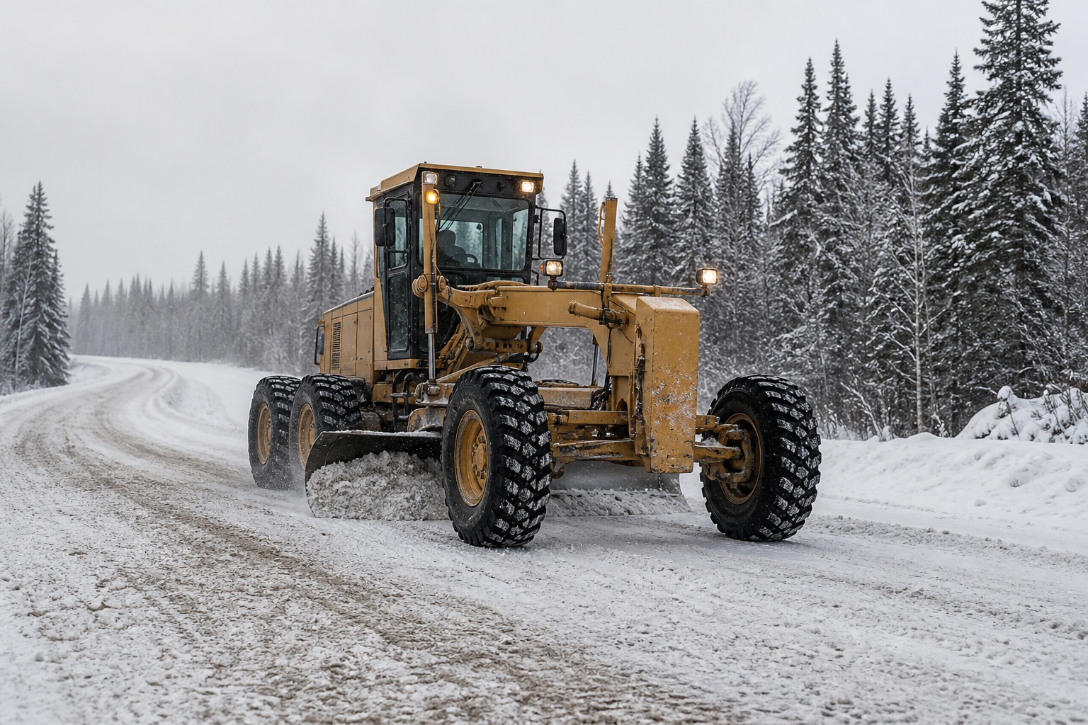 Niveleuse en opération sur une route enneigée au Québec